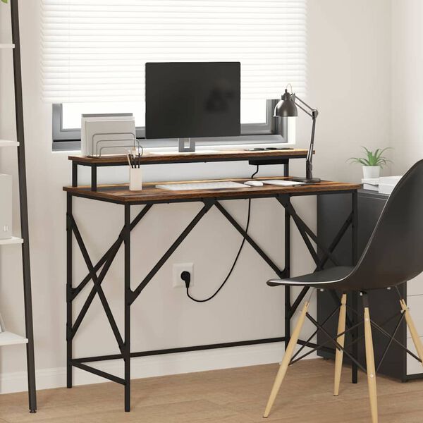 vidaXL Desk with Shelf Smoked Oak 100 x 50 x 86.5 cm Engineered Wood