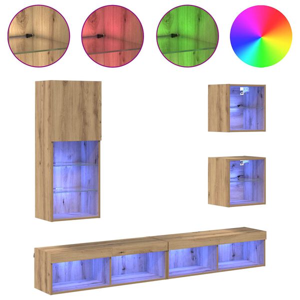 vidaXL TV Wall Units with LED 5 pcs Artisan Oak Engineered Wood
