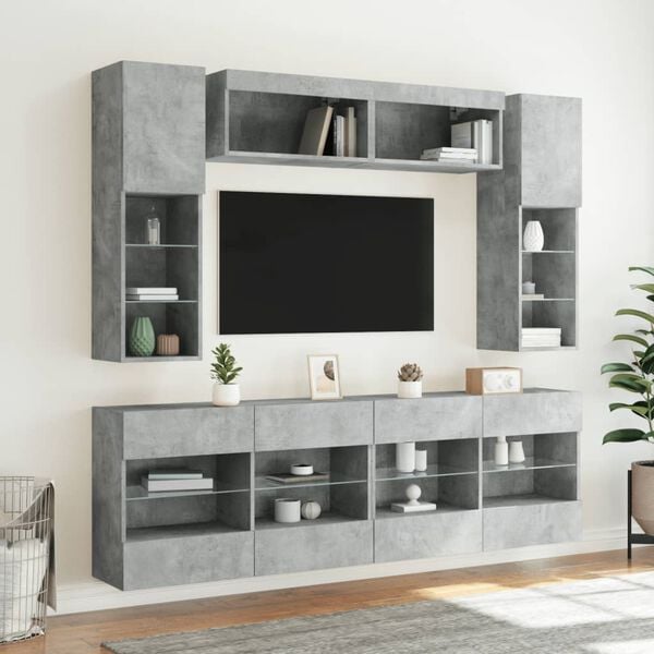 vidaXL 6 Piece TV Wall Cabinet Set with LED Lights Concrete Grey