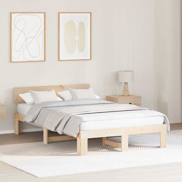 vidaXL Bed Frame with Headboard Natural 135 x 190 cm Solid Pine Wood