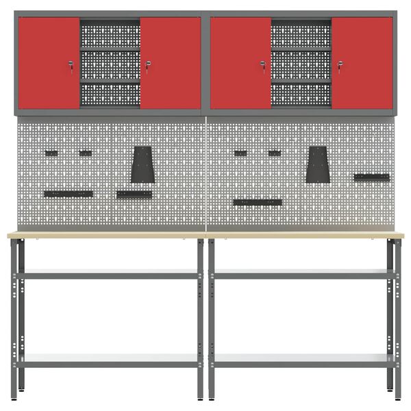 vidaXL Work Bench Set with Lock 8 pcs Red and Grey Powder-Coated Steel