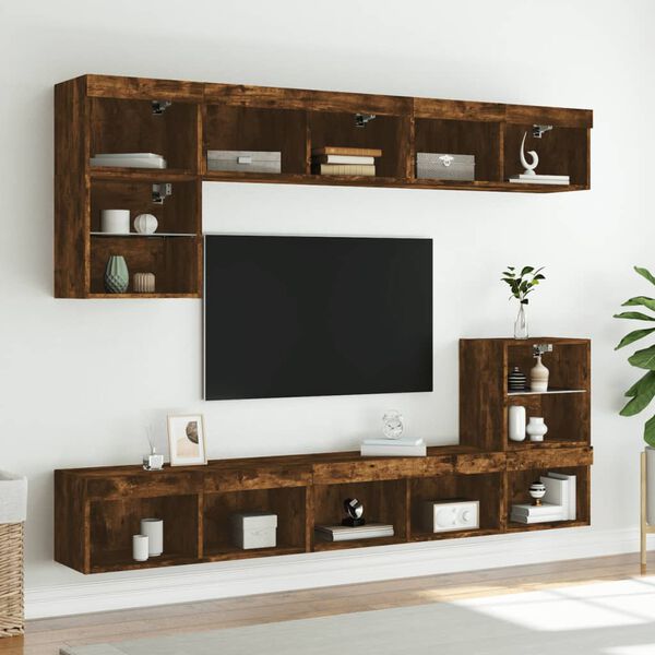 vidaXL TV Cabinets with LED Lights 2 pcs Smoked Oak 80x30x30 cm