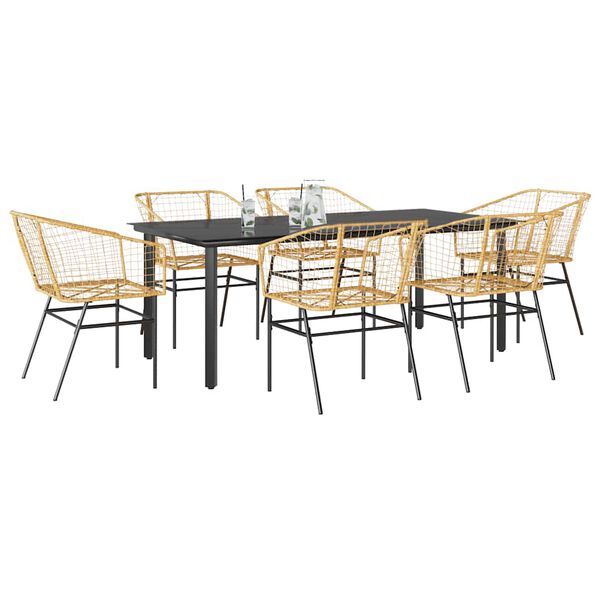 vidaXL 7 Piece Garden Dining Set Brown Poly Rattan Glass
