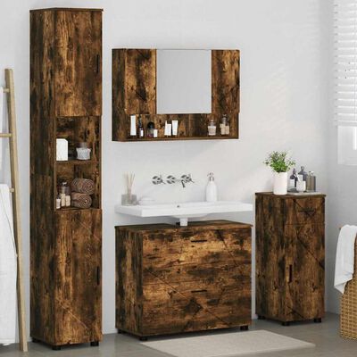 Bathroom furniture set in rustic brown featuring tall cabinet, wall cabinet with mirror, vanity base, and small cabinet