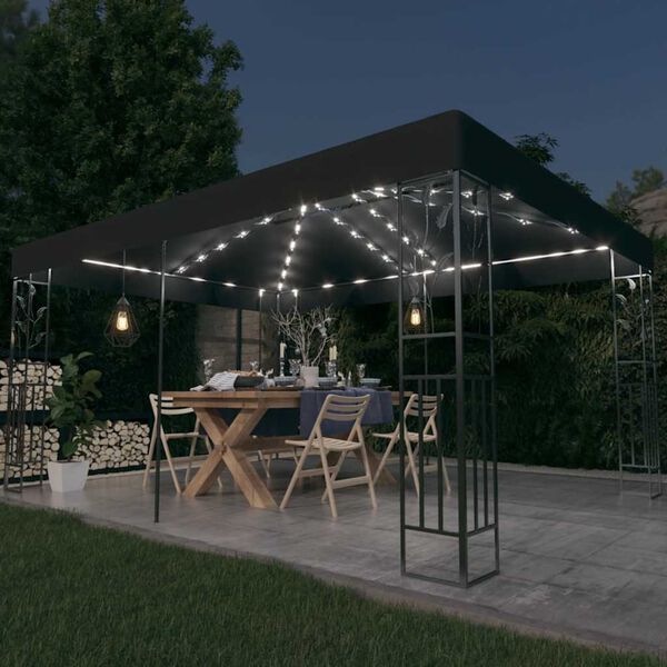 vidaXL Gazebo with Double Roof&LED String Lights 3x4m Anthracite