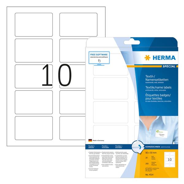 HERMA Removable Textile Name Labels A4 80x50 mm 20 Sheets White