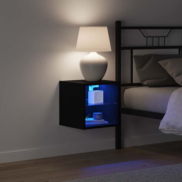 vidaXL LED Wall Bedside Cabinet with Black Engineered Wood
