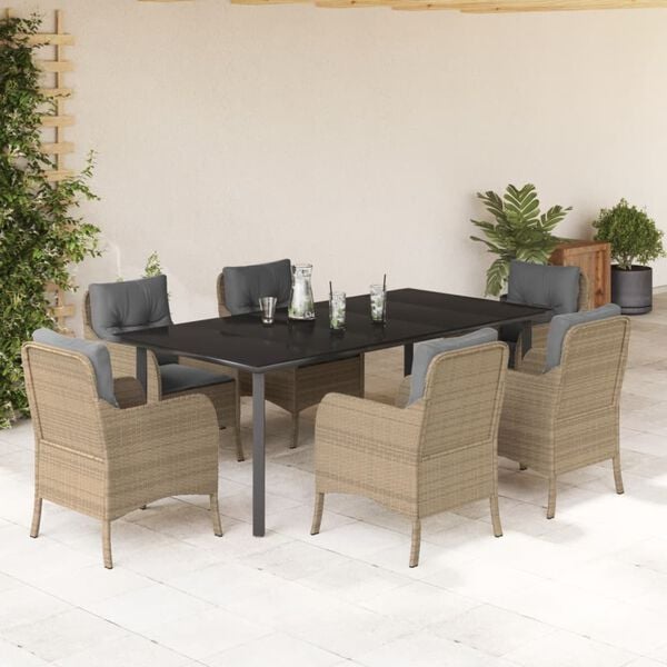 vidaXL 7 Piece Garden Dining Set with Cushions Beige Poly Rattan