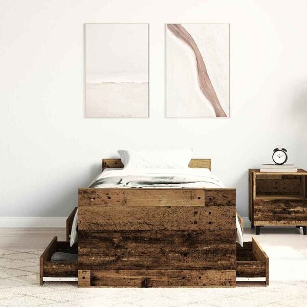 vidaXL Bed Frame with Drawer Old Wood 193 x 78 x 50 cm Engineered Wood