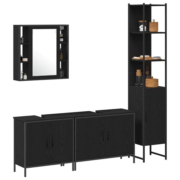 vidaXL Bathroom Furniture Set with Shelf 4 pcs Black Engineered wood