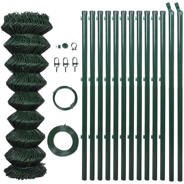 vidaXL Chain Link Fence with Posts Steel 1.5x25 m Green