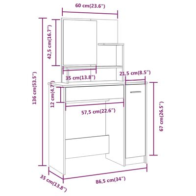 vidaXL Dressing Table Set Grey Sonoma 86.5x35x136 cm