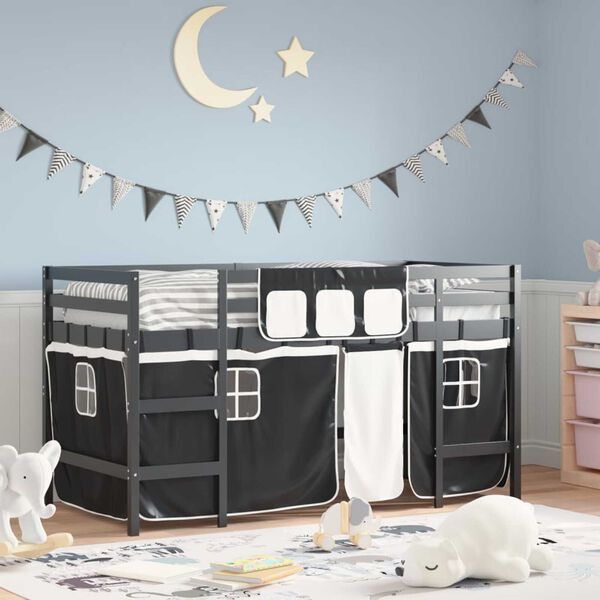 vidaXL Kids' Loft Bed with Curtains without Mattress White&Black 90x200cm