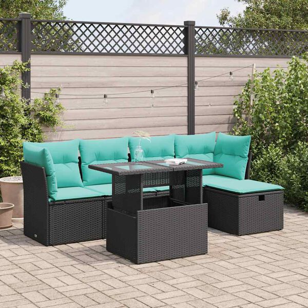 vidaXL 6 Piece Garden Sofa Set with Cushions Black Poly Rattan Acacia