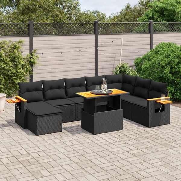 vidaXL 9 Piece Garden Sofa Set with Cushions Black Poly Rattan Acacia