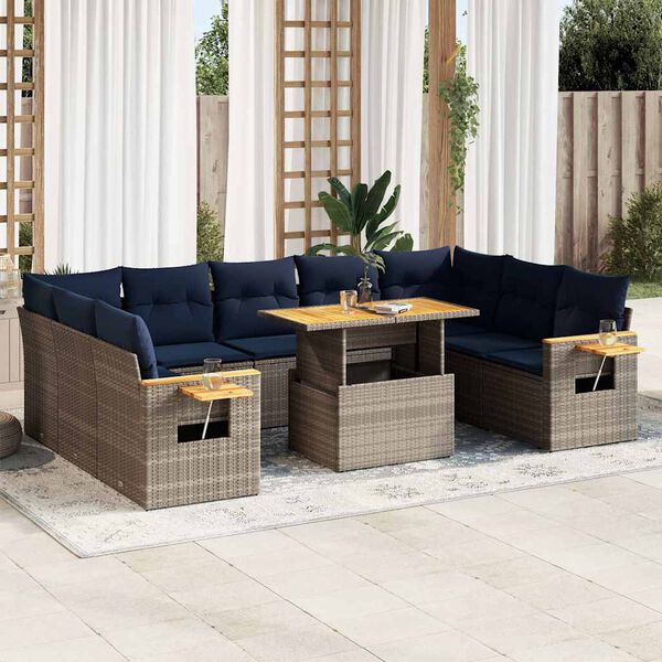 vidaXL 10 Piece Garden Sofa Set with Cushions Grey Poly Rattan Acacia