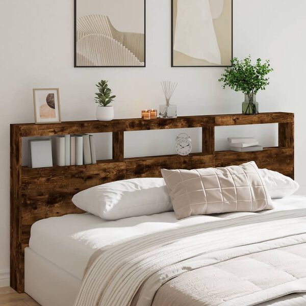 vidaXL Headboard Cabinet with LED Smoked Oak 220x17x102 cm