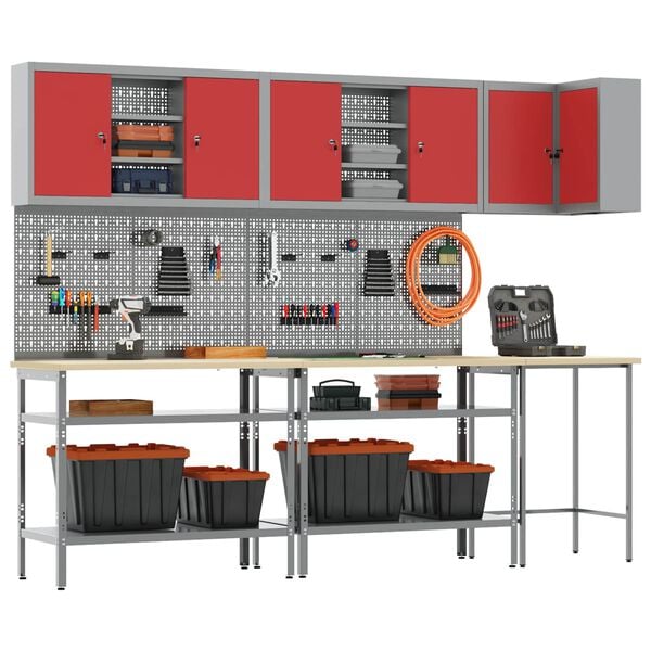 vidaXL Work Cabinet Set with Shelf with Storage 10 pcs Red and Grey