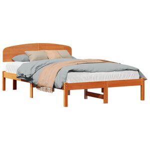 vidaXL Bed Frame with Headboard Wax Brown 135 x 190 cm Solid Pine Wood