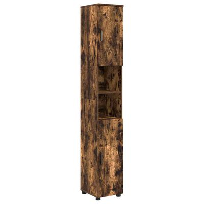 Narrow tall storage cabinet in rustic brown finish with additional open shelf space