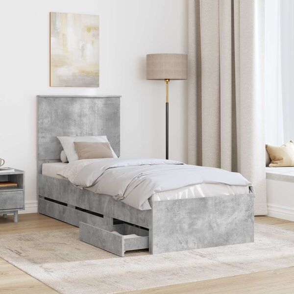 vidaXL Bed Frame with Drawer Concrete Grey 75 x 190 cm Engineer Wood