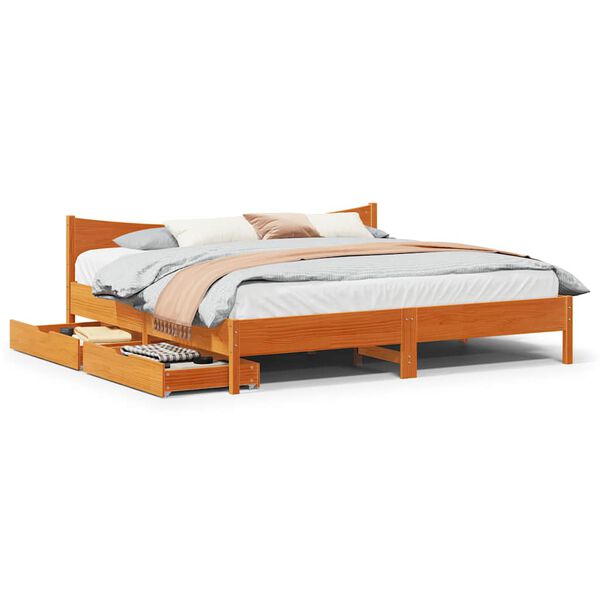 vidaXL Bed Frame with Drawers Wax Brown 180x200 cm Super King Solid Wood Pine