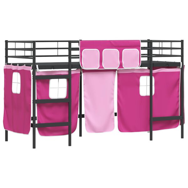 vidaXL Kids'Loft Bed Frame with Curtains Black and Pink 90 x 190 cm