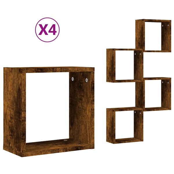 vidaXL Wall Cube Shelves 4 pcs Smoked Oak 30x15x30 cm