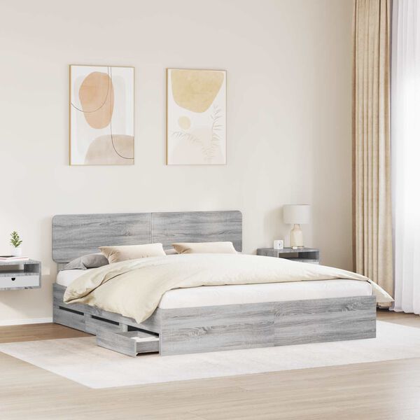 vidaXL Bed Frame with Drawer Grey Sonoma 200 x 200 cm Engineered Wood
