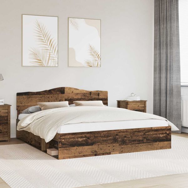 vidaXL Bed Frame with Headboard Old Wood 200 x 200 cm Solid Pine Wood