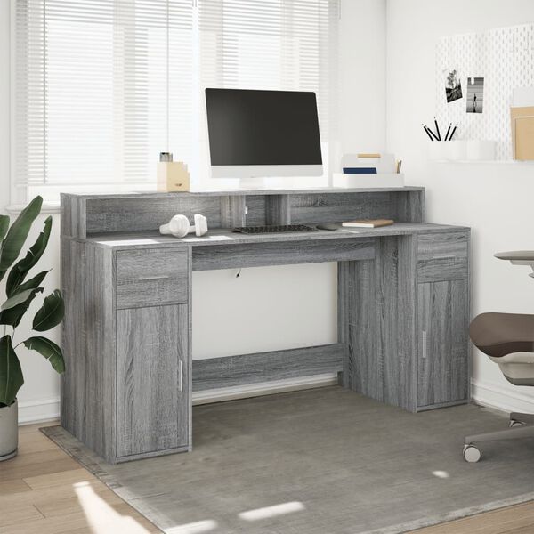 vidaXL Desk with LED Lights Grey Sonoma 160x55x91 cm Engineered Wood