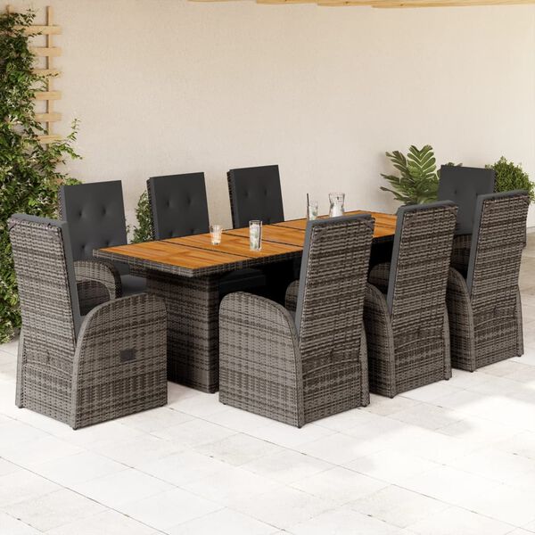 vidaXL 9 Piece Garden Dining Set with Cushions Grey Poly Rattan