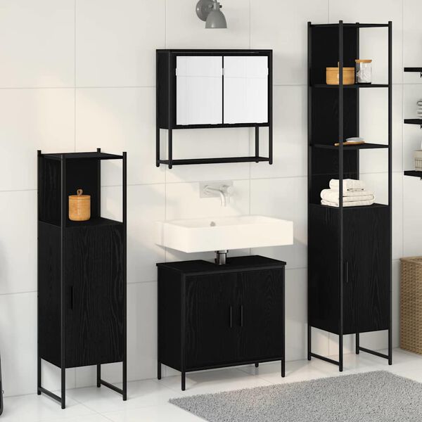 vidaXL Bathroom Furniture Set with Shelf 4 pcs Black Engineered wood