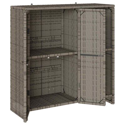 Open-sided woven storage cabinet with doors on the left and multiple shelves inside.