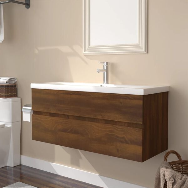 vidaXL Sink Cabinet with Built-in Basin Brown Oak Engineered Wood