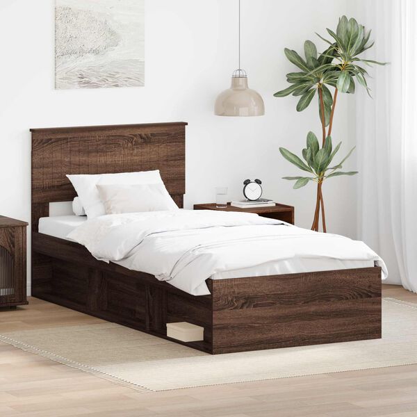 vidaXL Bed Frame with Headboard Brown Oak 90 x 200 cm Solid Pine Wood