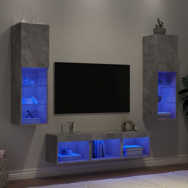 vidaXL 5 Piece TV Wall Units with LED Concrete Grey Engineered Wood