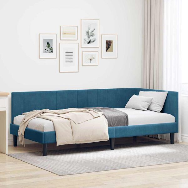 vidaXL Corner Bed Frame with Headboard Blue 100 cm x 200 cm Velvet
