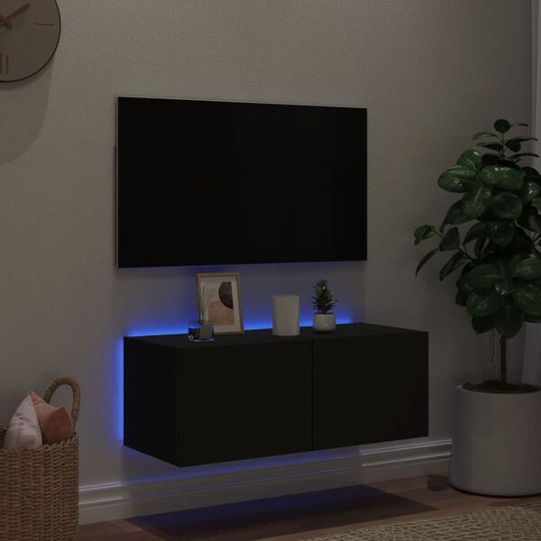 vidaXL TV Wall Cabinet with LED Lights Black 80x35x31 cm