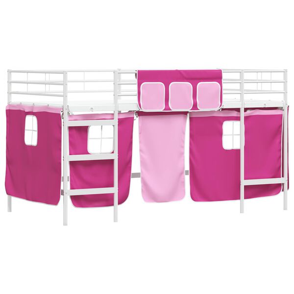 vidaXL Kids'Loft Bed Frame with Curtains White and Pink 99.5 x 200 cm