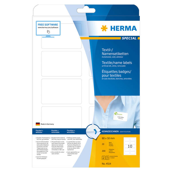 HERMA Removable Textile Name Labels A4 80x50 mm 20 Sheets White