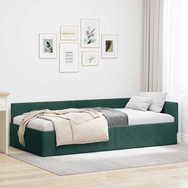 vidaXL Corner Bed Frame Dark Green 90 cm x 190 cm Velvet