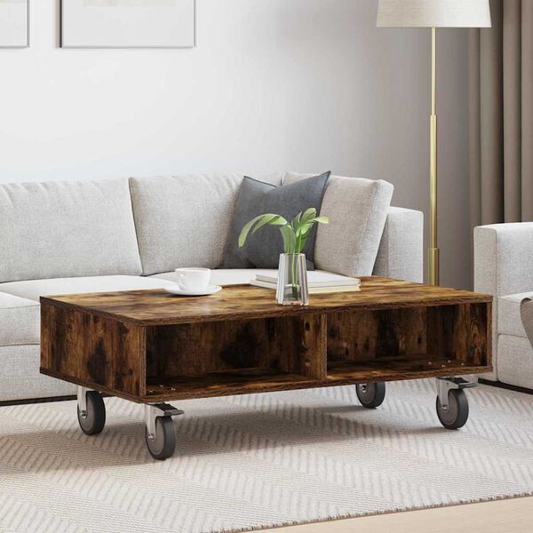 vidaXL Side Table with Wheels Smoked Oak 90 x 50 x 30 cm