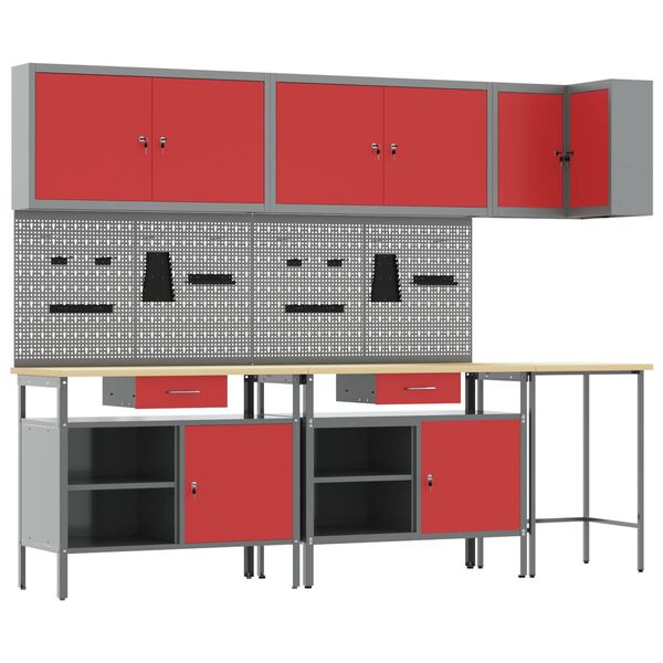 vidaXL Work Cabinet Set with Drawer with Shelf 10 pcs Red and Grey