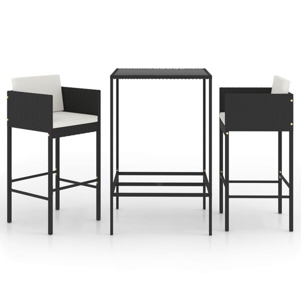 vidaXL 3 Piece Garden Bar Set with Cushions Poly Rattan Black