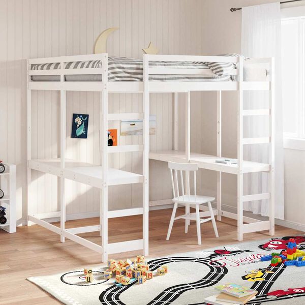vidaXL Loft Bed with Desk and Ladder White 180x200 cm Super King Solid Wood Pine