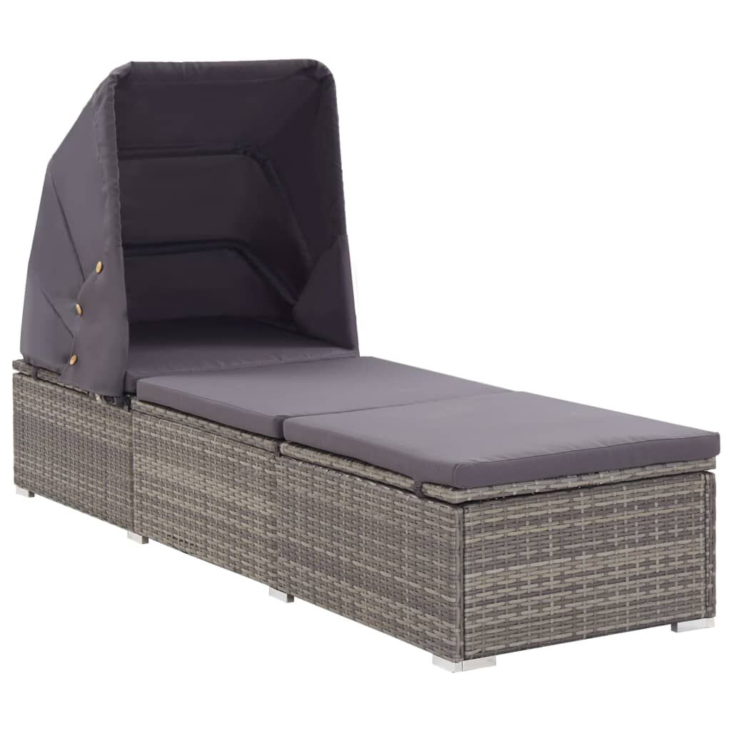 vidaXL Sun Lounger with Canopy and Cushion Poly Rattan Grey vidaXL