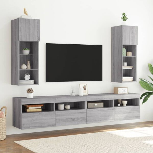 vidaXL TV Cabinets with LED Lights 2 pcs Grey Sonoma 30.5x30x90 cm