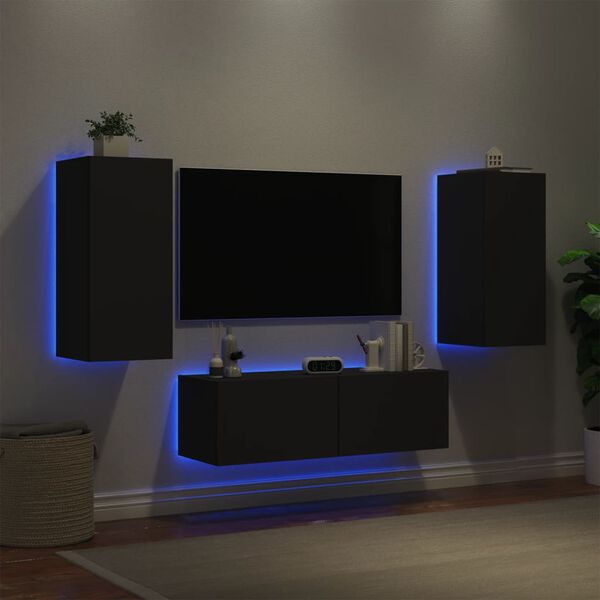 vidaXL 3 Piece TV Wall Cabinets with LED Lights Black