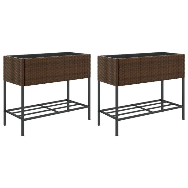vidaXL Garden Planters with Shelf 2 pcs Brown 90x40x75 cm Poly Rattan